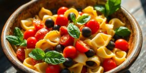 Tortellinisalat mit Tomaten und Oliven in einer Schüssel.