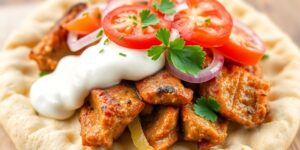 Schmackhaftes Gyros auf Pita mit Tzatziki.