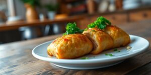 Pikante Hähnchen-Röllchen auf Teller