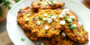 Zucchinipuffer mit Feta auf Teller