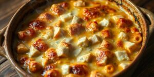 Herzhafter Puten-Gorgonzola-Auflauf, goldbraun gebacken