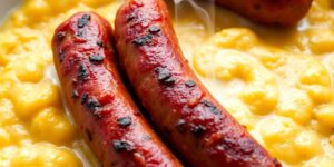 Herzhafte Salsiccia mit cremiger Polenta auf einem Teller.