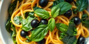 Nudeln, Oliven, Spinat, mediterran, Schüssel