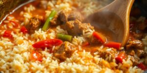 Scharfes Reisfleisch im Topf mit Reis