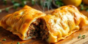 Kartoffelstrudel mit Hackfleischfüllung, goldbraun gebacken, auf Teller.