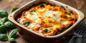 Frische Spinatlasagne auf Rustikalem Holztisch