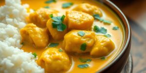 Hühnchen Curry mit Reis, servierfertig