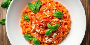 Cremiger Tomatenrisotto mit Basilikum und Parmesan.