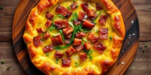 Knuspriger Flammkuchen mit Speck, Lauch, goldbrauner Kruste und frischen Kräutern