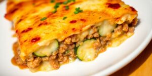Zucchini-Moussaka Portion auf Teller