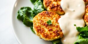 Leckere Hühnerfrikadellen mit frischem Spinat und Soße.