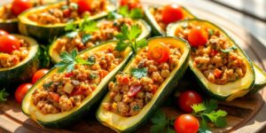 Gefüllte Zucchini auf einem Sommertisch