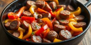 Paprika-Wurstpfanne in Pfanne angerichtet
