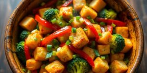 Bunte Gemüse-Tofu-Pfanne mit frischen Kräutern in großer Schüssel.