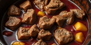 Geschmortes Lamm in Rotwein im Topf.