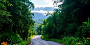 Grüne Dschungelvegetation mit Berglandschaft.