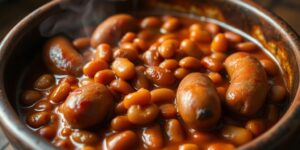 Bohnen und Würstchen in einer Schüssel.