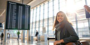 Reisende mit Koffer am Flughafen.