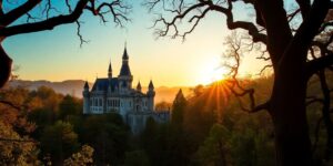 Märchenschloss und Märchenwald bei Sonnenuntergang
