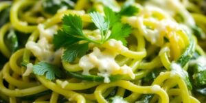 Spinatspätzle mit Käse überbacken, garniert mit Petersilie.