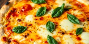 Eine dampfende Quattro Formaggi Pizza mit geschmolzenem Käse.