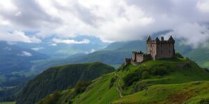 Schottische Landschaft mit Burg und nebelverhangenen Bergen.