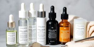 Hyaluronserum-Flaschen und Hautpflege-Ausrüstung.