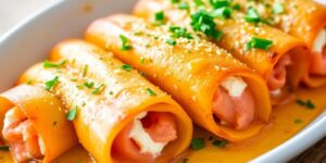 Cannelloni mit Lachs und Ricotta, überbacken und garniert.