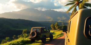 Grüne Landschaft mit einem Jeep und Bergen im Hintergrund.