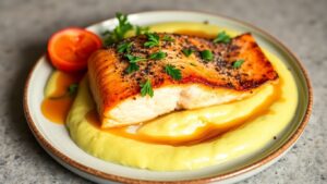Lachs auf Selleriepüree mit Kräutern garniert.