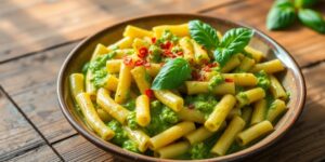 Avocado-Rigatoni-Nudelgericht mit Basilikum und Chiliflocken