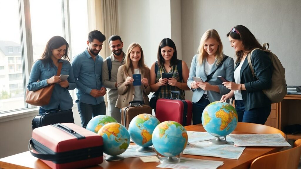 Reisende packen Koffer und prüfen Pässe für den Urlaub.