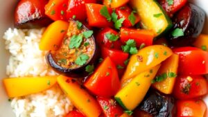 Bunte Ratatouille mit Reis in einer Schüssel