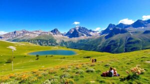Sommerliche Alpenlandschaft mit Wanderern, Wiese, Blumen und Bergen