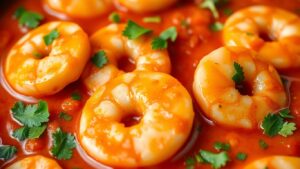 Gebratene Garnelen in Tomatensauce mit Kräutern