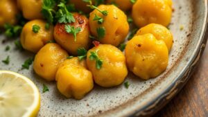 Herzhafte Buchweizen-Gnocchi mit frischen Kräutern auf einem Teller.