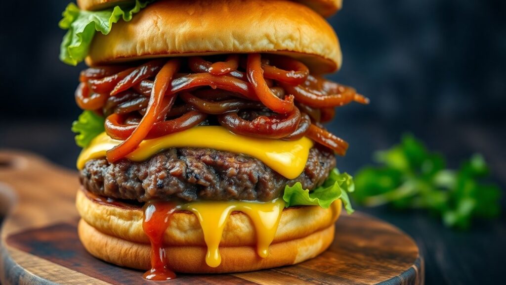 Saftiger Zwiebelburger mit geschmolzenem Käse und karamellisierten Zwiebeln.