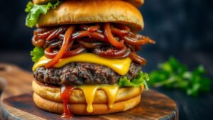 Saftiger Zwiebelburger mit geschmolzenem Käse und karamellisierten Zwiebeln.