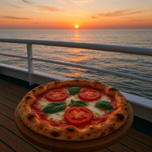 Neapolitanische Pizza auf Kreuzfahrtschiff bei Sonnenuntergang – Genuss auf See