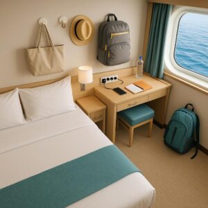 Organisierte Kreuzfahrtkabine mit Power-Hub, Magnethaken und Tagesrucksack
