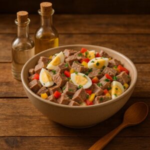 Große Schüssel mit Bratensalat aus Rindfleisch, Ei und Paprika – serviert auf rustikalem Holztisch mit gemütlicher Atmosphäre