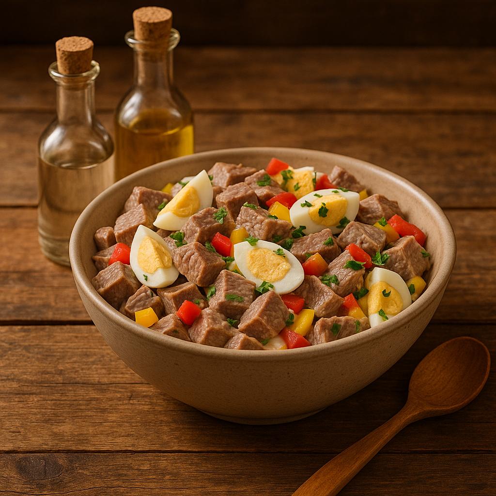 Große Schüssel mit Bratensalat aus Rindfleisch, Ei und Paprika – serviert auf rustikalem Holztisch mit gemütlicher Atmosphäre