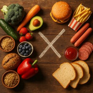 Ein Symbolbild mit gesunden und ungesunden Lebensmitteln für die Darmgesundheit