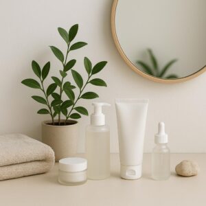 Aufgeräumtes Badezimmer mit Hautpflegeprodukten und Pflanzen – Symbolbild für richtige Hautpflege