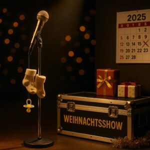 Leere TV-Bühne mit Mikrofon, durchgestrichener 2025-Kalendereintrag und Baby-Söckchen – Symbolbild zur Absage der Helene-Fischer-Show