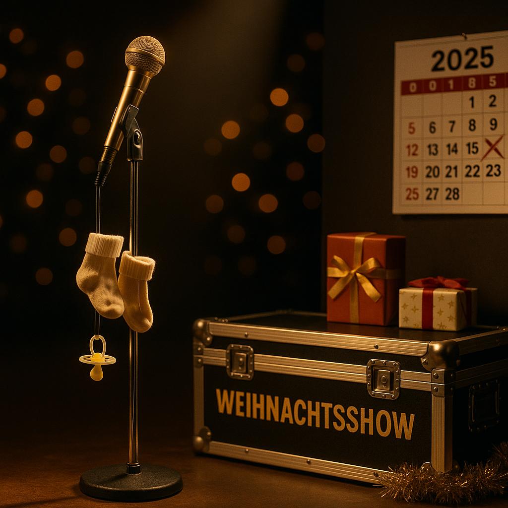 Leere TV-Bühne mit Mikrofon, durchgestrichener 2025-Kalendereintrag und Baby-Söckchen – Symbolbild zur Absage der Helene-Fischer-Show