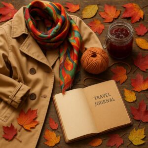 Trenchcoat, Seidentuch und Marmeladenglas als herbstliches Stillleben