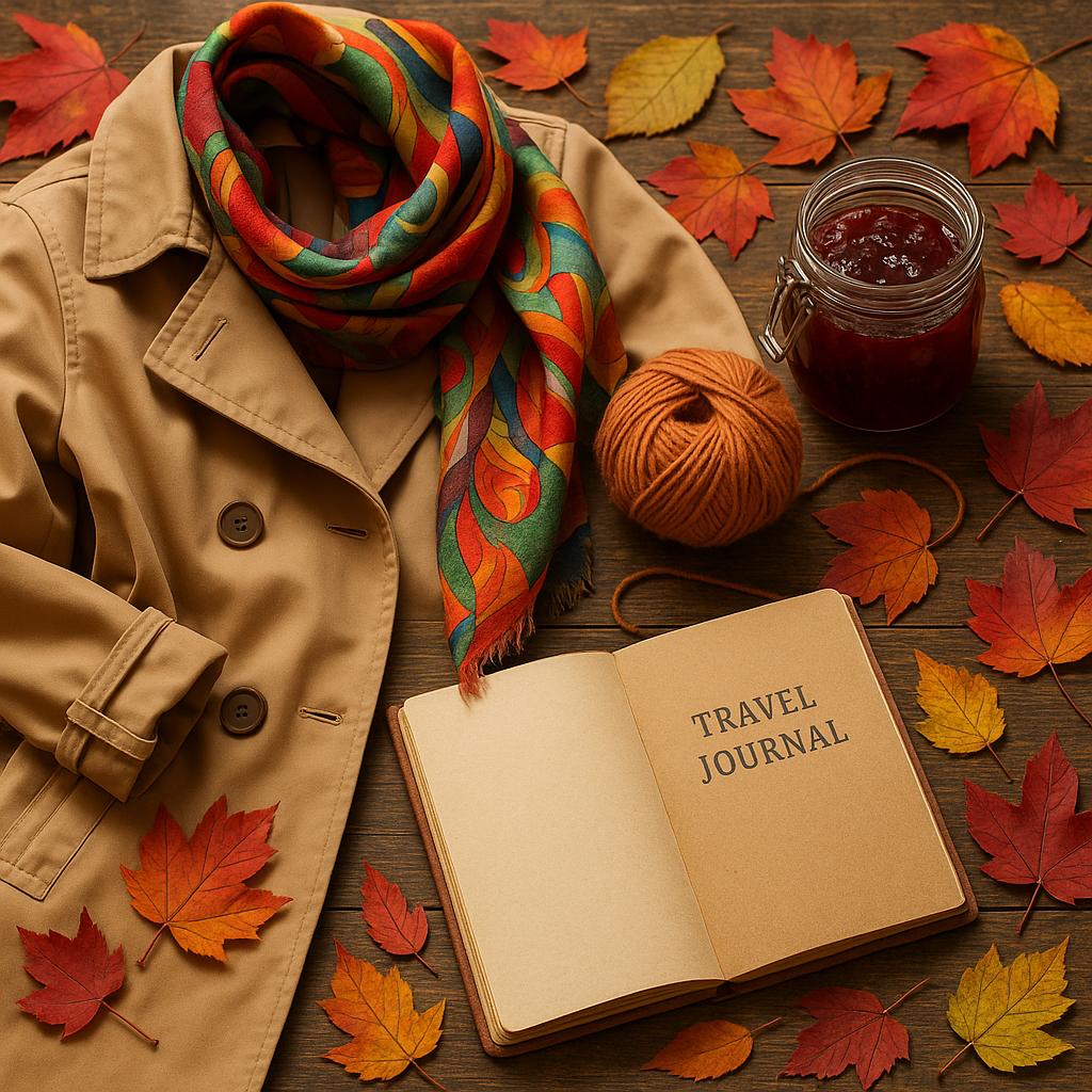 Trenchcoat, Seidentuch und Marmeladenglas als herbstliches Stillleben