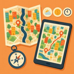 Digitale Reiseplanung mit Karte, Wettersymbolen und Routenübersicht – perfekter Tagesausflug mit KI