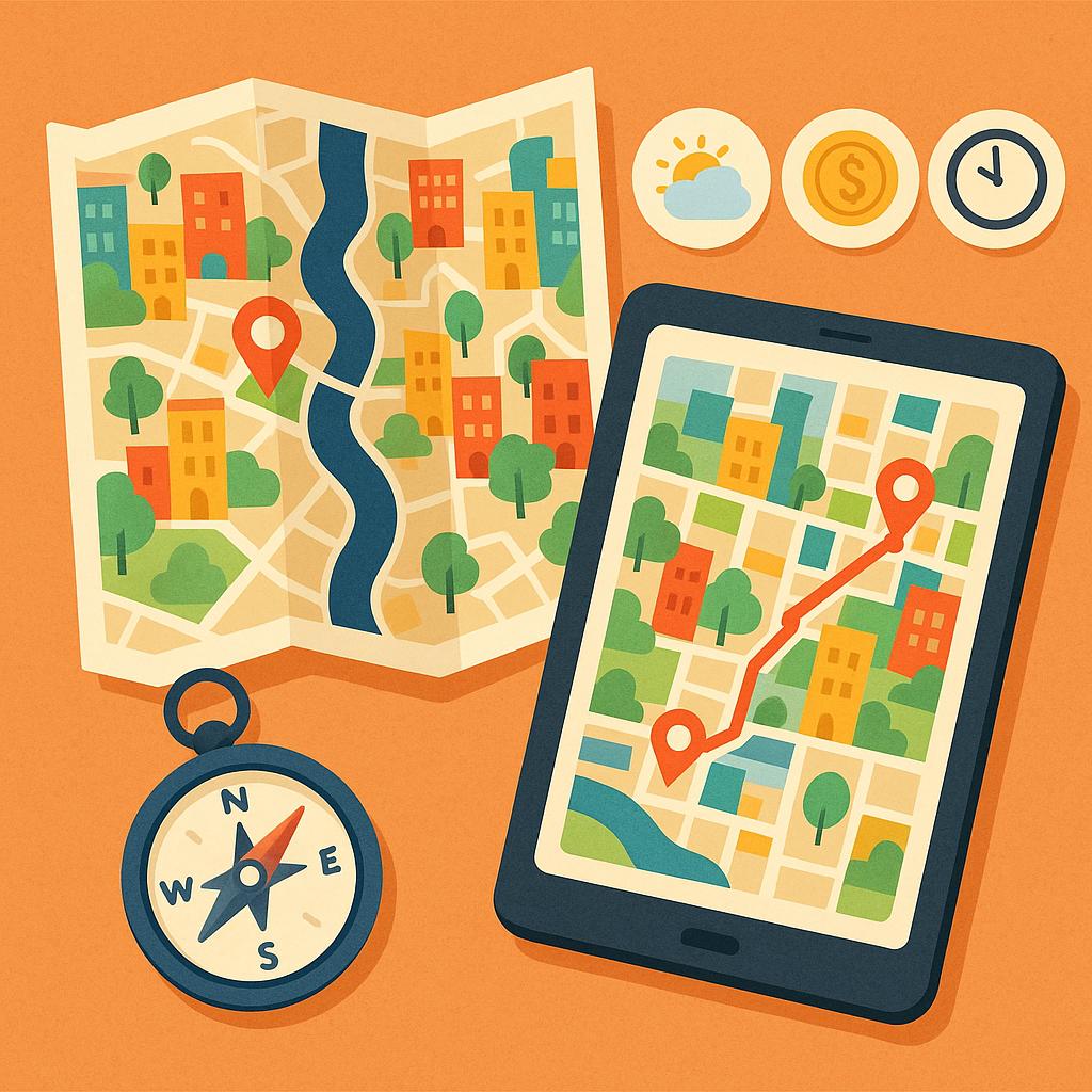 Digitale Reiseplanung mit Karte, Wettersymbolen und Routenübersicht – perfekter Tagesausflug mit KI